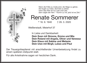 Traueranzeige von Renate Sommerer von Frankenpost