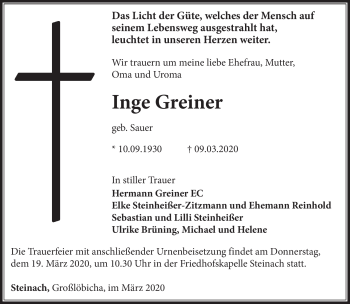 Traueranzeige von Inge Greiner von Südthüringer Presse