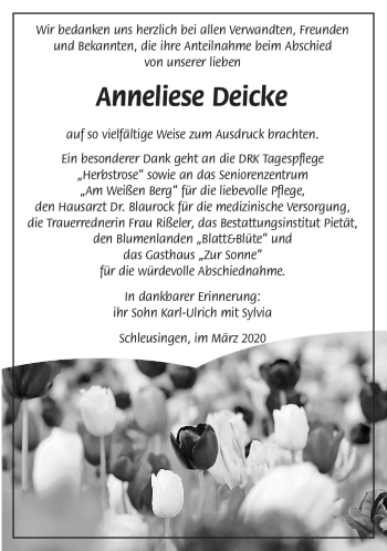 Traueranzeige von Anneliese Deicke von Südthüringer Presse
