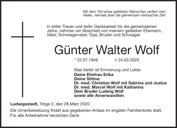 Traueranzeige von Günter Walter Wolf von Neue Presse Coburg
