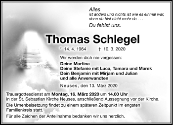 Traueranzeige von Thomas Schlegel von Neue Presse Coburg