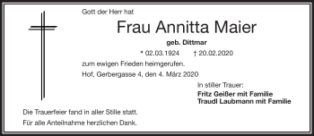 Traueranzeige von Annitta Maier von Frankenpost