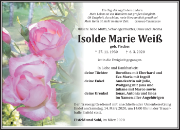 Traueranzeige von Isolde Weiß von Südthüringer Presse
