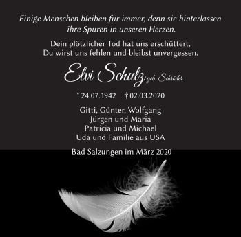 Traueranzeige von Elvi Schulz von Südthüringer Presse