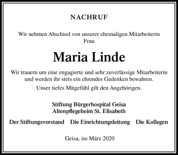 Traueranzeige von Maria Linde von Südthüringer Presse