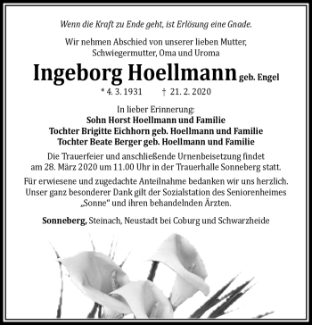 Traueranzeige von Ingeborg Hoellmann von Südthüringer Presse