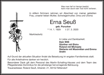 Traueranzeige von Erna Seuß von Frankenpost