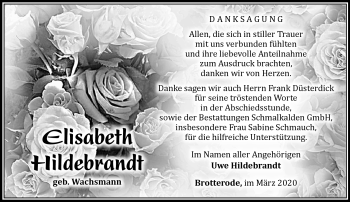 Traueranzeige von Elisaberth Hildebrandt von Südthüringer Presse