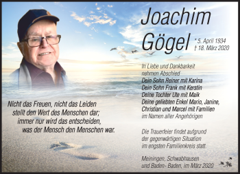 Traueranzeige von Joachim Gögel von Südthüringer Presse