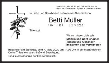Traueranzeige von Betti Müller von Frankenpost