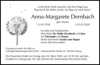 Traueranzeige von Anna-Marharete Dernbach von Neue Presse Coburg