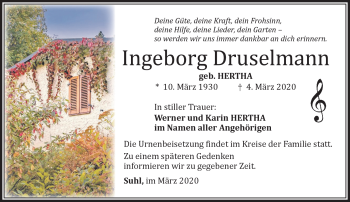 Traueranzeige von Ingeborg Druselmann von Südthüringer Presse