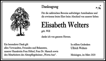 Traueranzeige von Elisabeth Welters von Südthüringer Presse