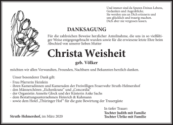 Traueranzeige von Christa Weisheit von Südthüringer Presse