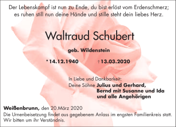 Traueranzeige von Waltraud Schubert von Neue Presse Coburg