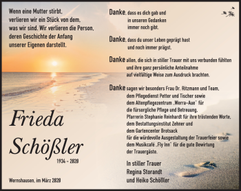Traueranzeige von Frieda Schößler von Südthüringer Presse