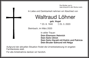 Traueranzeige von Waltraud Löhner von Frankenpost