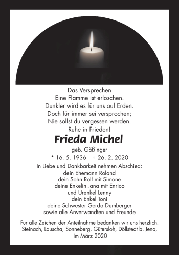 Traueranzeige von Frieda Michel von Südthüringer Presse