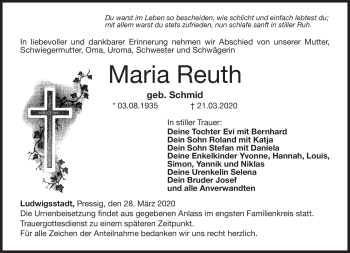 Traueranzeige von Maria Reuth von Neue Presse Coburg