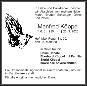 Traueranzeige von Manfred Köppel von Frankenpost