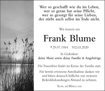 Traueranzeige von Frank Blume von Südthüringer Presse