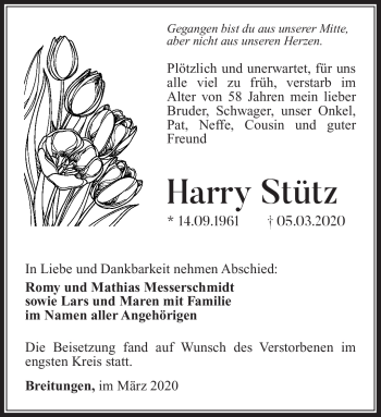 Traueranzeige von Harry Stütz von Südthüringer Presse