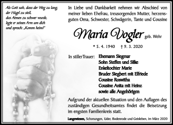 Traueranzeige von Maria Vogler von Südthüringer Presse