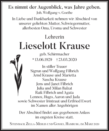 Traueranzeige von Lieselott Krause von Südthüringer Presse