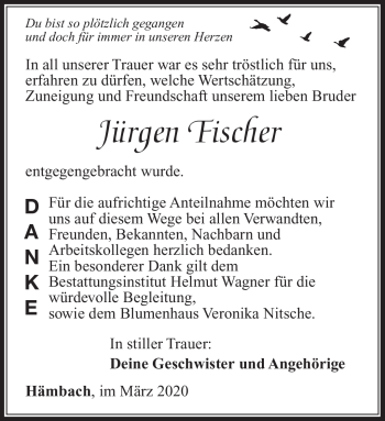 Traueranzeige von Jürgen Fischer von Südthüringer Presse