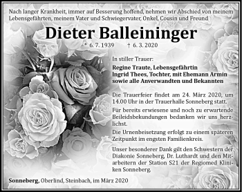 Traueranzeige von Dieter Balleininger von Südthüringer Presse
