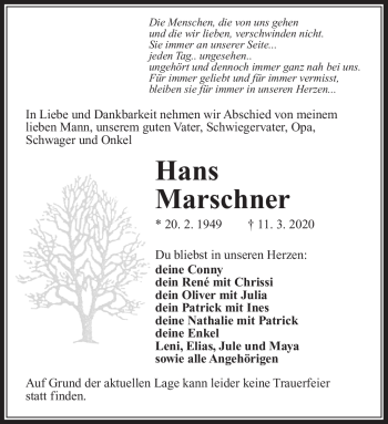 Traueranzeige von Hans Marschner von Südthüringer Presse