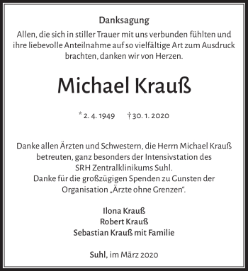 Traueranzeige von Michael Krauß von Südthüringer Presse