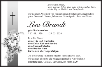 Traueranzeige von Lisa Brandt von Südthüringer Presse