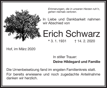 Traueranzeige von Erich Schwarz von Frankenpost