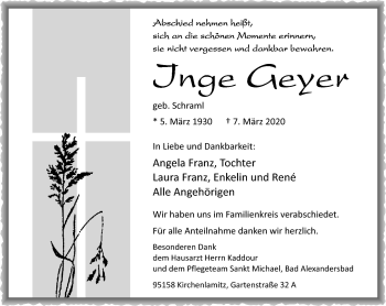 Traueranzeige von Inge Geyer von Frankenpost