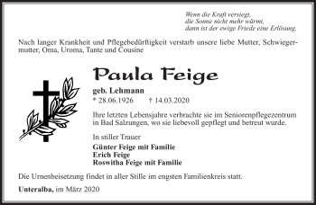 Traueranzeige von Paula Feige von Südthüringer Presse