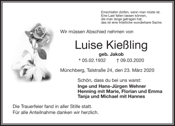 Traueranzeige von Luise Kießling von Frankenpost