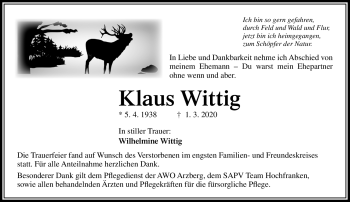 Traueranzeige von Klaus Wittig von Frankenpost