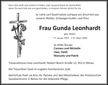 Traueranzeige von Gunda Leonhardt von Frankenpost