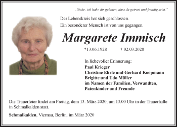 Traueranzeige von Margarete Immisch von Südthüringer Presse