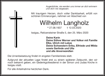 Traueranzeige von Wilhelm Langholz von Frankenpost