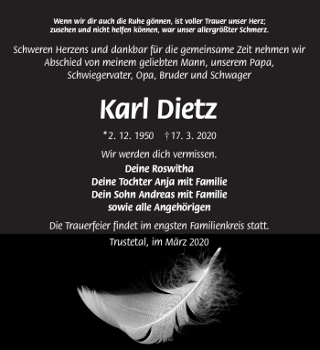 Traueranzeige von Karl Dietz von Südthüringer Presse