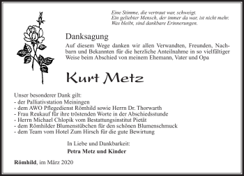 Traueranzeige von Kurt Metz von Südthüringer Presse