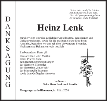 Traueranzeige von Heinz Lenk von Südthüringer Presse