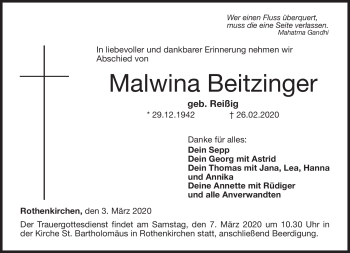 Traueranzeige von Malwina Beitzinger von Neue Presse Coburg