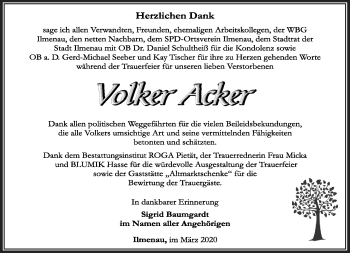 Traueranzeige von Volker Acker von Südthüringer Presse