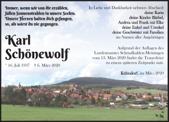 Traueranzeige von Karl Schönewolf von Südthüringer Presse