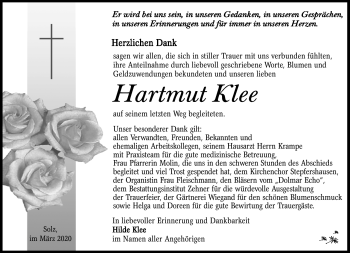 Traueranzeige von Hartmut Klee von Südthüringer Presse