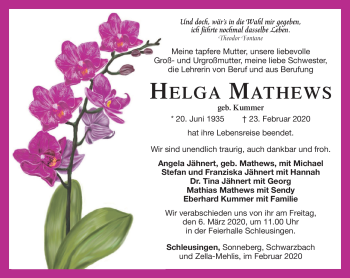 Traueranzeige von Helga Mathews von Südthüringer Presse