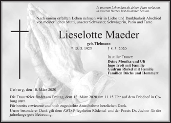 Traueranzeige von Lieselotte Maeder von Neue Presse Coburg